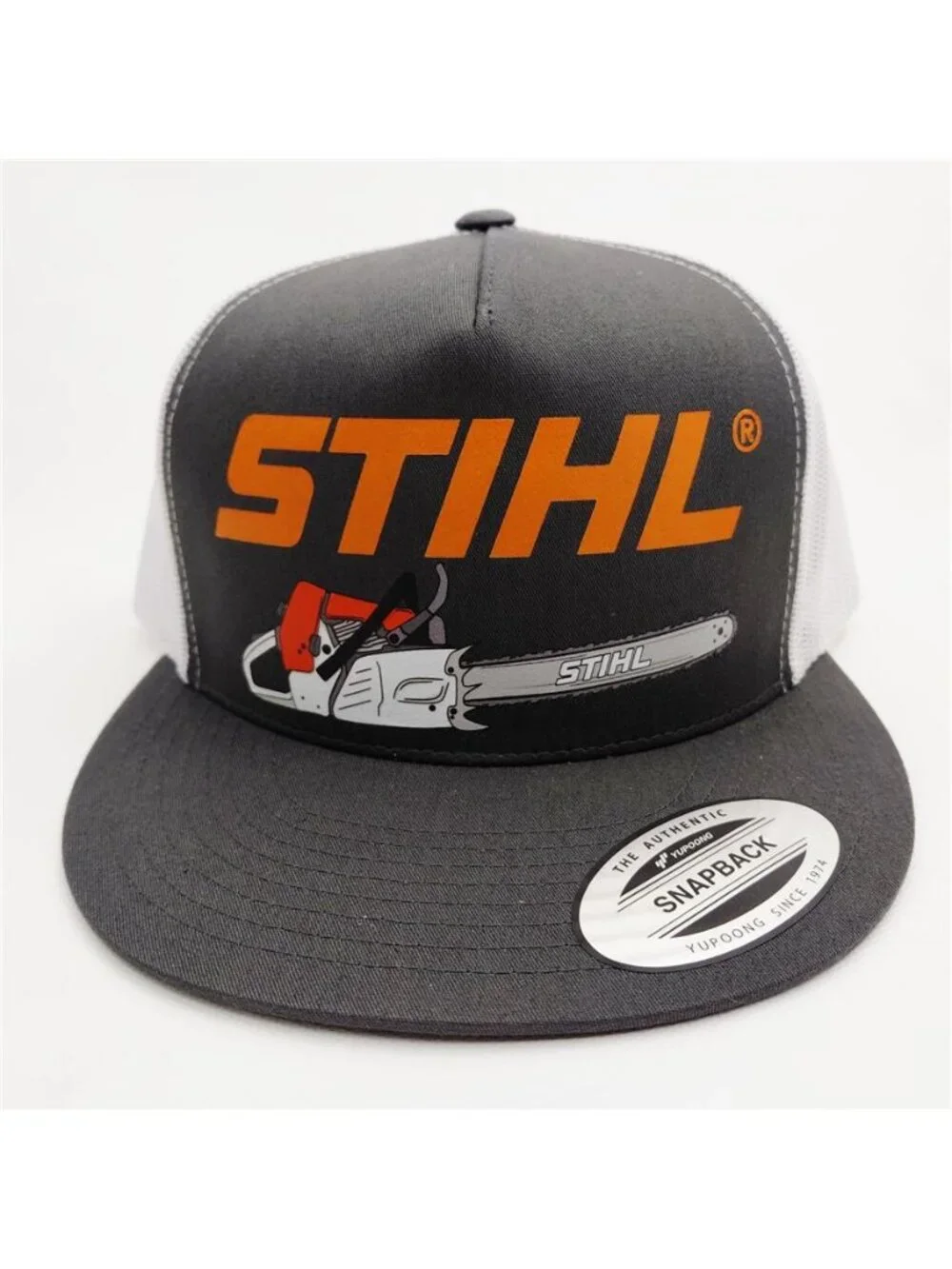 Retro Chainsaw Forestry Graphic Charcoal Yupoong Printed Flat Bill Hat New Logge